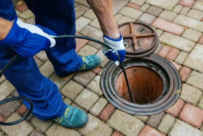 Plumber cleaning an outdoor sewer drain in Longmont