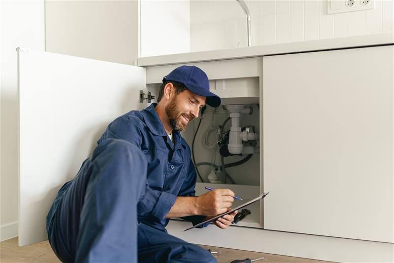 Residential plumber reviewing plumbing repairs in a Longmont kitchen