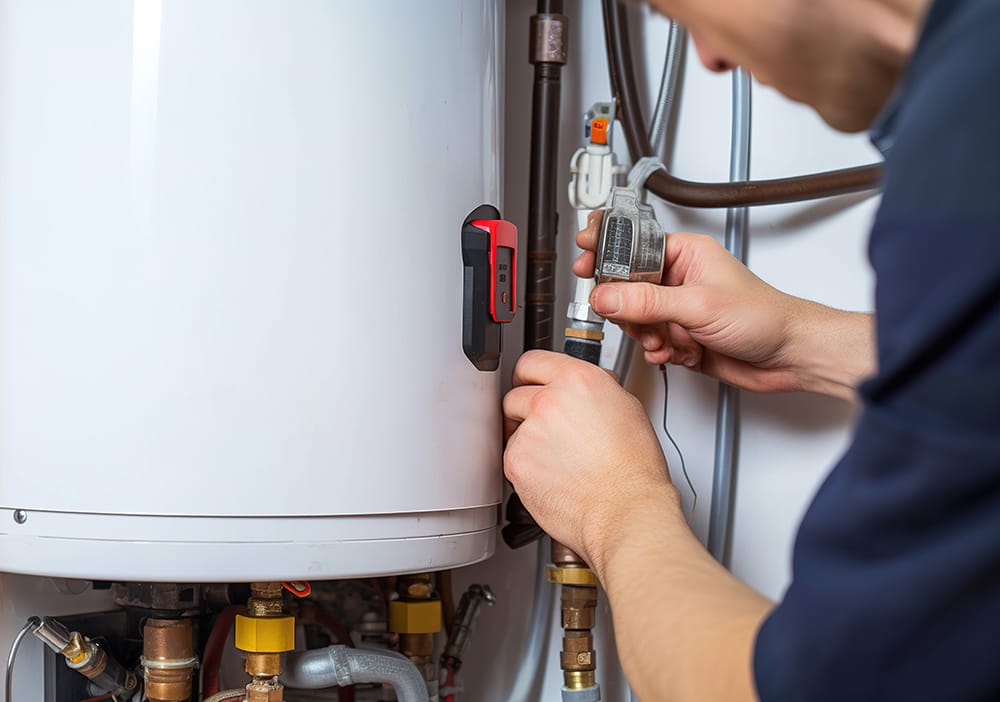Technician repairing pipes connected to a water heater in Longmont